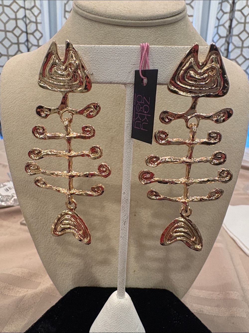ZokyDoky Gold Fishbone Drop Statement Earrings